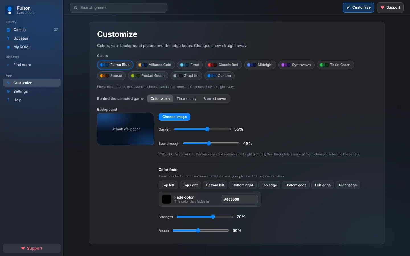 Fulton's Customize page with color themes, a background picture picker and edge fades