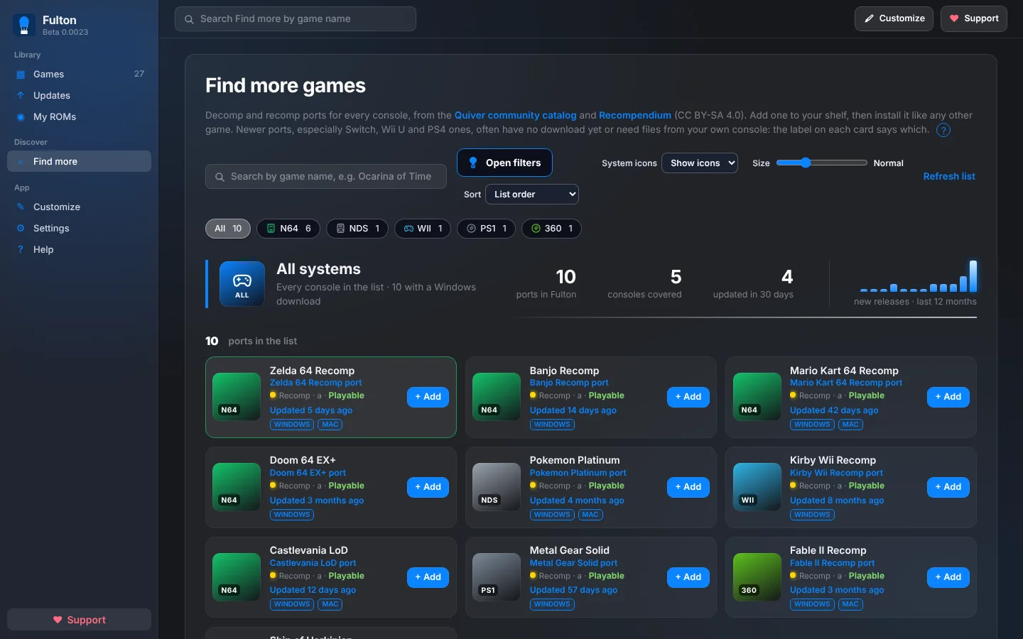 Find more page listing recomp ports with filters, a size slider and Add buttons